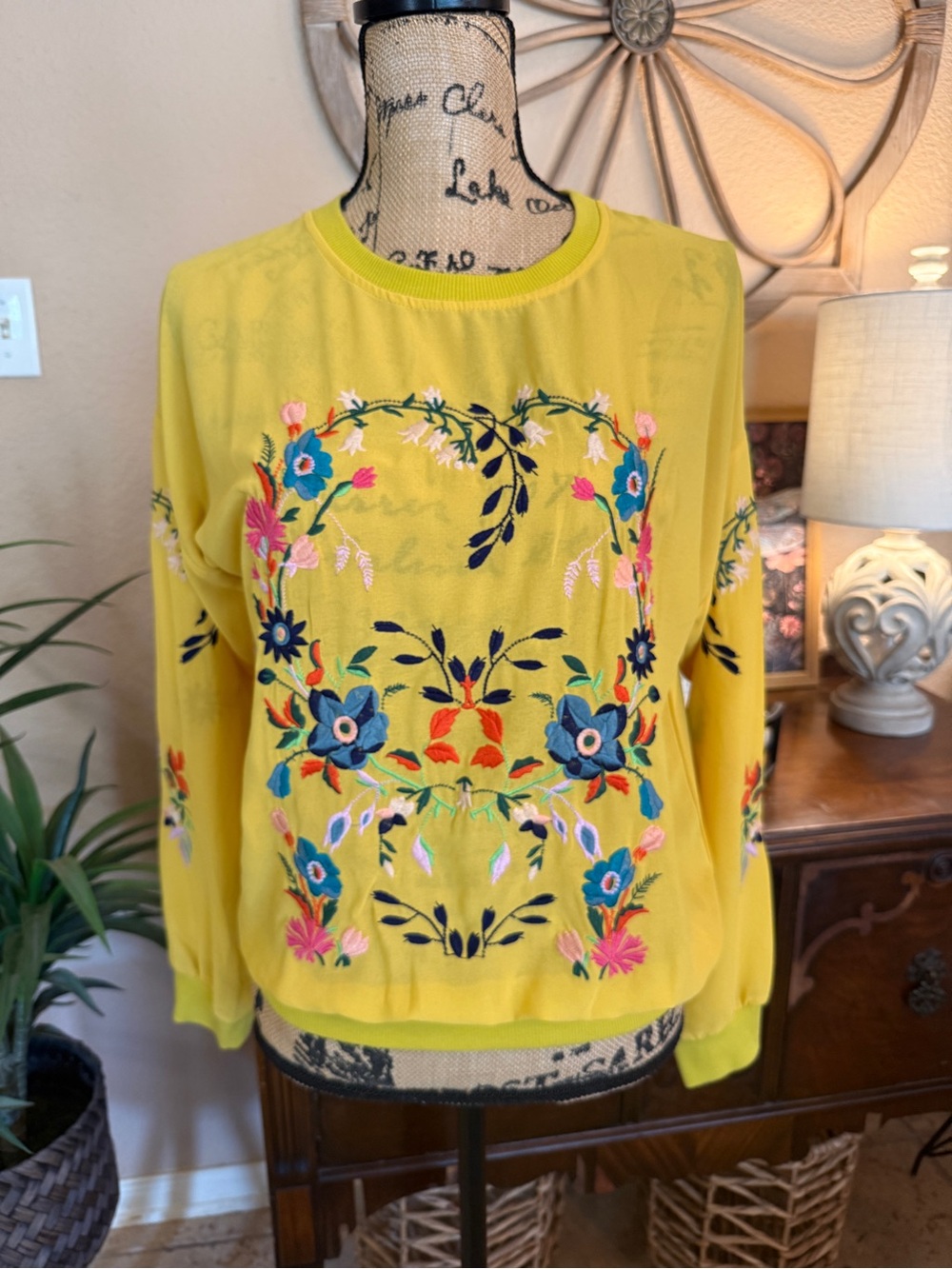 Lulumari Anthropologie Yellow Sheer Embroidered Floral Pullover Top-Long Sleeve